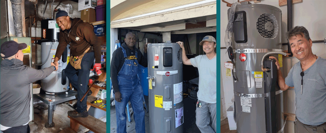 A collage with three pictures featuring contractors that recently installed heat pump water heaters.